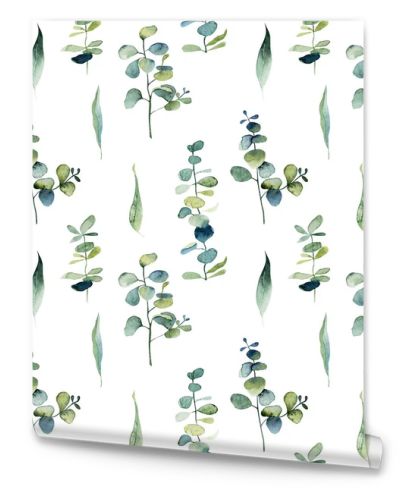 Seamless pattern with watercolor eucalyptus branches and green leaves, hand drawn illustration on white background