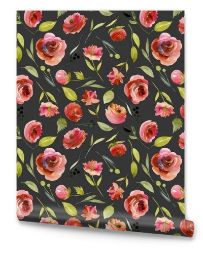 Watercolor burgundy roses seamles pattern, hand painted on a dark background