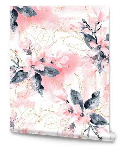 Seamless pattern with flowers and leaves. Pink magnolia flowers 