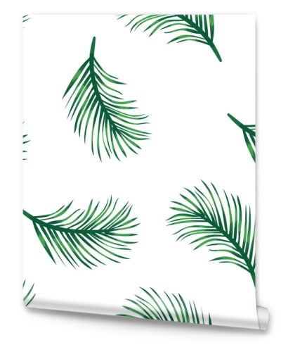 Green branches of tropical palm tree on white pattern background. Branches green palm tree, exotic plants in tropical rainforest. Seamless pattern leaves and foliage. Jungle flora and nature.