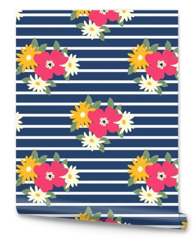 Floral pattern on a blue striped background. Seamless sample with white, pink and yellow flowers. Vector illustration