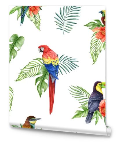 Beautiful birds with flowers, leaves decor seamless pattern. Watercolor illustration. Hand drawn tropical birds with floral decor seamless pattern. Parrot, toucan with palm leaves and flowers.