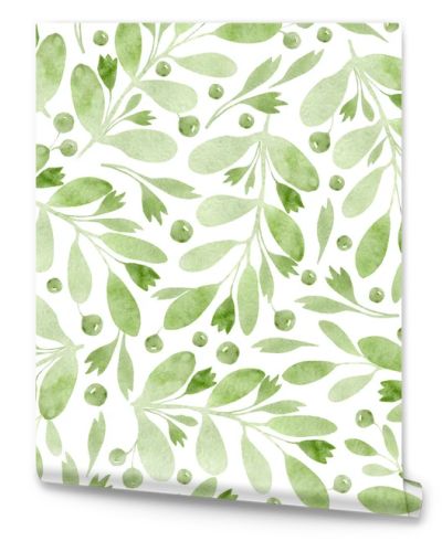 Seamless pattern of elements with spring greenery, twigs, leaves and flowers. Hand drawn watercolor illustration isolated on white background.