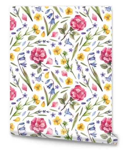 Wild flowers seamless pattern with hand-drawn floral illustrations. Bright rustic background. Floral illustration for wrapping paper, textile, decorations.