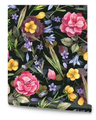 Watercolor floral seamless pattern with hand-drawn illustrations. Roses, buttercups, lavender, bluebells on a dark background. Floral illustration for wrapping paper, textile, decorations.