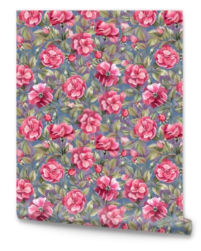 Floral seamless pattern with branches of pink roses woven into an ornament. Watercolor illustration with pink roses background.