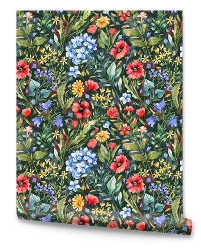 Bright, floral, seamless pattern with wild flowers on a dark background. Poppies, hydrangeas, wild carnations, violets, daisies watercolor illustration background.