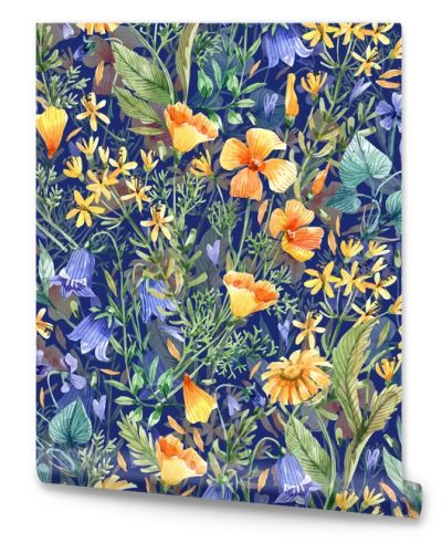 Watercolor seamless pattern with wild flowers on a dark background. Daisies, bluebells, violets and other flowers hand drawn watercolor background.