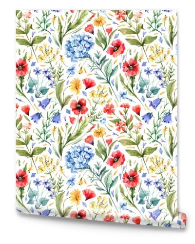 Watercolor, floral, seamless pattern with wild flowers on a white background. Wild flowers, poppies, hydrangea, wild carnation, eschscholzia, violets seamless pattern.