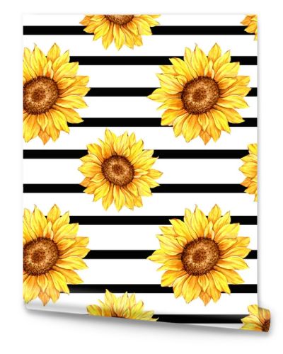 Watercolor Sunflower Background, Sunflower Seamless pattern with Hand Painted Watercolor Sunflowers and Greenery