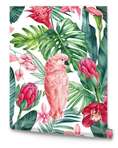 Cockatoo parrot, trendy tropical seamless pattern with palm leaves in watercolor style. Flower, leaf and pink bird. High quality illustration