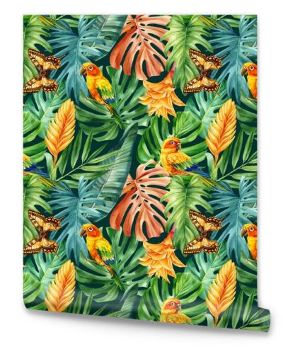 Colored Palm leaves, tropical background, hand drawn watercolor botanical painting. Seamless pattern, jungle wallpaper. High quality illustration