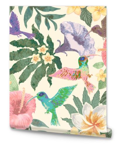 seamless floral pattern from watercolor painted hibiscus, humming bird colibri, flowers and fantasy tropical foliage on a beige background