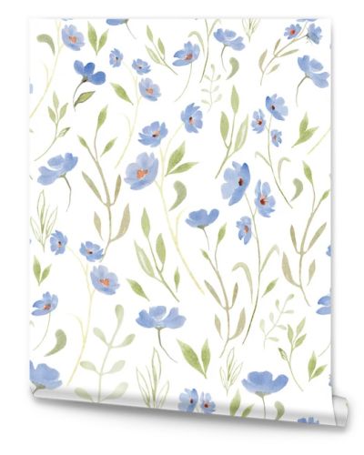 Watercolor gentle seamless pattern with abstract blue flowers, green leaves, branches. Hand drawn floral illustration isolated on white background. For packaging, wrapping design or print.