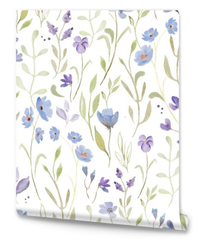 Watercolor gentle seamless pattern with abstract blue, purple flowers, green leaves, branches. Hand drawn floral illustration isolated on white background. For packaging, wrapping design or print.