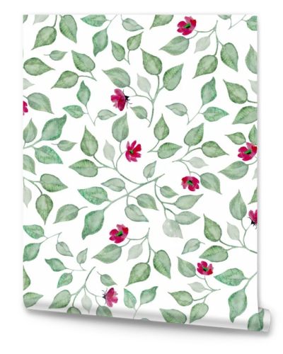 Watercolor seamless pattern with abstract red flowers, green leaves, branches. Hand drawn floral illustration isolated on white background. For packaging, wrapping design or print.