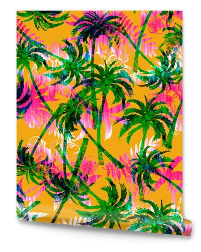 Vibrant tropical seamless pattern with green palm trees over a colorful orange and pink tie-dye background. Exotic summer jungle backdrop.