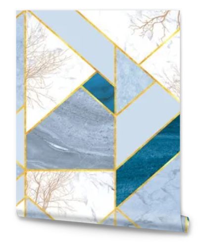 Tile background in blue and gray marble tiles with golden lines and trees