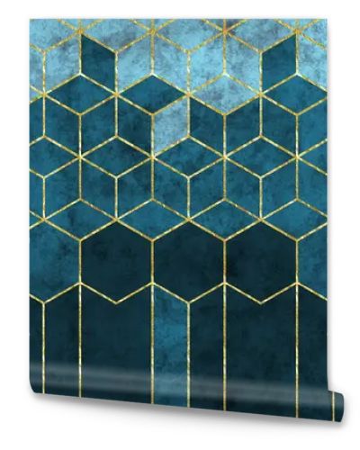 Modern abstract wall decor wallpaper. 3d illustration, golden lines, and dark navy blue and black cubes shapes. living room and bedroom decoration