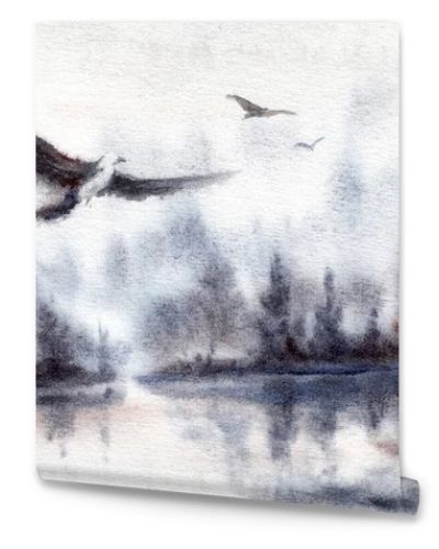 Lake or river landscape with water scene, forest reflections, sky and eagles. Hand drawn watercolors on paper textures. Raster bitmap image