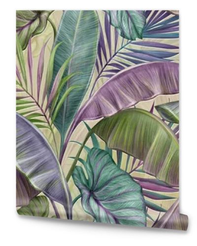 Tropical exotic seamless pattern with vintage banana leaves, palm and colocasia. Hand-drawn 3D illustration. Light beige background. Trendy glamorous design. Good for production wallpapers, gift paper, cloth, fabric printing, goods.