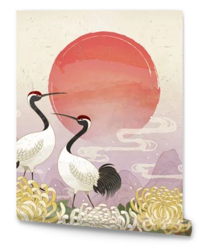 Double ninth festival with red crowned crane and chrysanthemum background