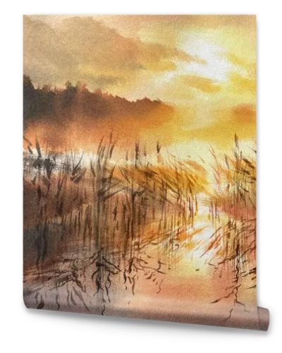 Evening by the lake in evening sunlight watercolor background. Warm colors