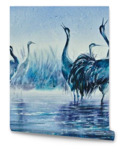 Cranes in the misty morning wading in the lake water. Reeds in the background. Picture created with watercolors.