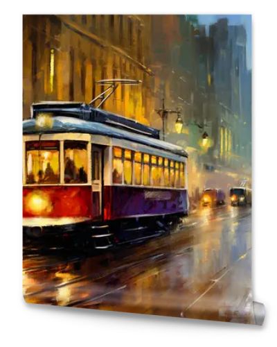 Tram in old city, oil paintings landscape