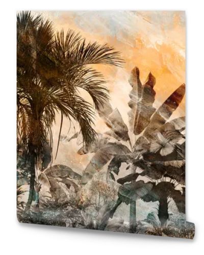 Tropical wallpaper, Tropic trees and leaves, wallpaper design for digital printing- 3d illustration