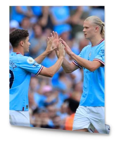 Erling Haaland  9 of Manchester City is substituted in the 74th minute for Julian Alvarez  19 of Manchester City