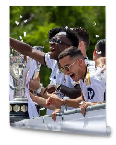 Madrid, Spain - May 12, 2024: Real Madrid football team celebrates its 36th league title in the Plaza de Cibeles. The players celebrate being league champions. League champions 23/24.