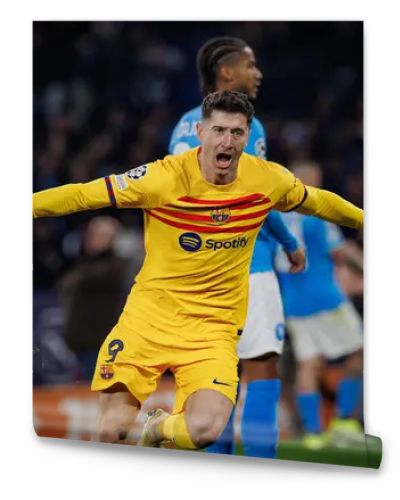 Robert Lewandowski celebrates after scoring goal during UEFA  Champions League 23/24 game between SSC Napoli and FC Barcelona at Stadio Diego Armando Maradona, Naples, Italy. (Maciej Rogowski)