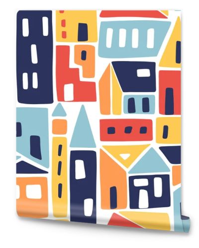 Modern seamless pattern with abstract houses. Childish vector background. Can be used for fabric, textile, wallpaper.