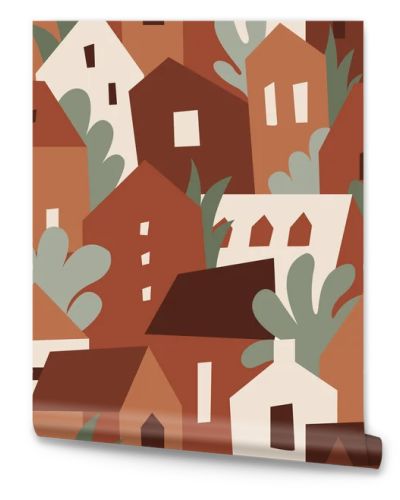 Modern seamless pattern with abstract houses and trees. Childish vector background. Can be used for fabric, textile, wallpaper.