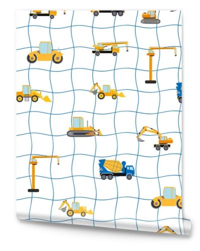 Cute childish seamless pattern with yellow car dump truck, crane, concrete mixer. Construction site illustration in cartoon style.