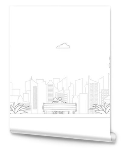 People, city skyline in line art style - landscape with houses, trees and clouds. Isolated vector illustration of beautiful cityscape for real estate and property banner or card