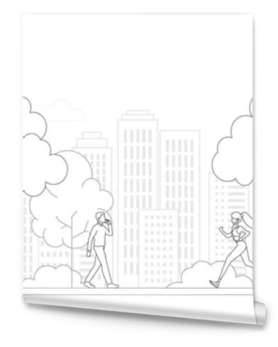 People, city skyline in line art style - landscape with houses, trees and clouds. Isolated vector illustration of beautiful cityscape for real estate and property banner or card