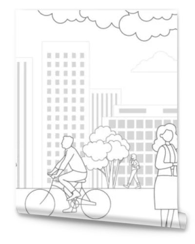 People, city skyline in line art style - landscape with houses, trees and clouds. Isolated vector illustration of beautiful cityscape for real estate and property banner or card