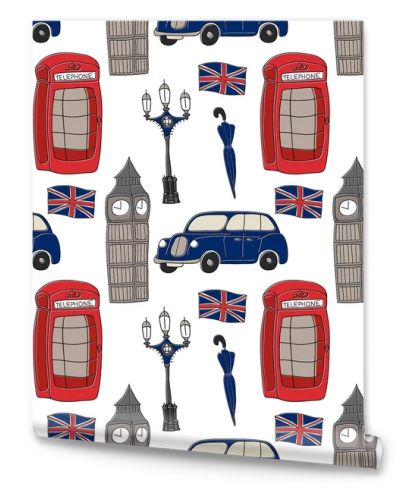 Vector doodle seamless pattern with symbols of London, the UK. Famous British symbols in the simple minimalistic style. Ideal for souvenir production