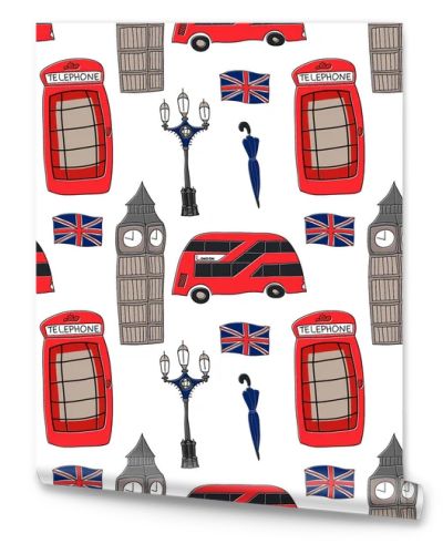 Vector doodle seamless pattern with symbols of London, the UK. Famous British symbols in the simple minimalistic style. Ideal for souvenir production