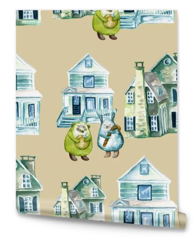 watercolor illustration seamless pattern old retro houses,Christmas soft toys with a ball and a lollipop,for wallpaper or fabric