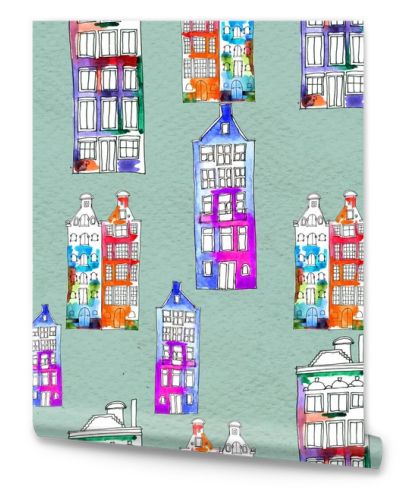 Seamless pattern eith watercolor Amsterdam houses