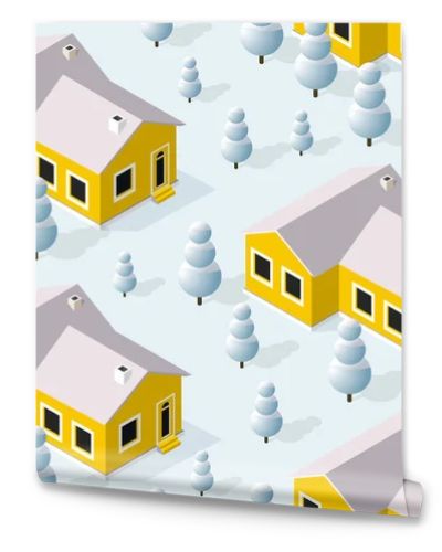 Christmas seamless pattern city isometric urban winter quarter in the snow, snowstorms and the festive landscape of the New Year holidays