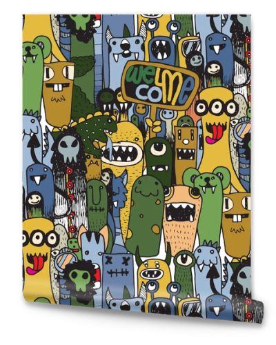 Seamless pattern with Hand drawn Crazy doodle Monster City