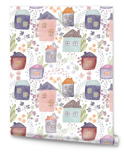 Cute Watercolor Houses and Flowers Seamless Pattern. Tender Kids Textile and Wrapping paper design. Watercolour buildings floral fabric pattern. 