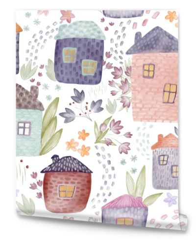 Cute Watercolor Houses and Flowers Seamless Pattern. Tender Kids Textile and Wrapping paper design. Watercolour buildings floral fabric pattern. 