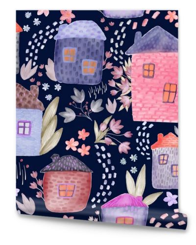 Cute Watercolor Houses and Flowers Seamless Pattern. Tender Kids Textile and Wrapping paper design. Watercolour buildings floral fabric pattern. 