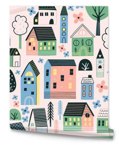 Childish seamless pattern with trees and houses. Colorful background vector. Hand drawn illustration.