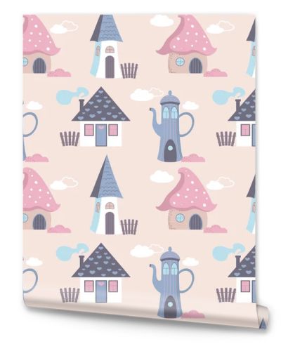 Seamless pattern with cute fairy houses in pastel colors. For textiles, paper design, fabrics. Beautiful print with cute fairy houses